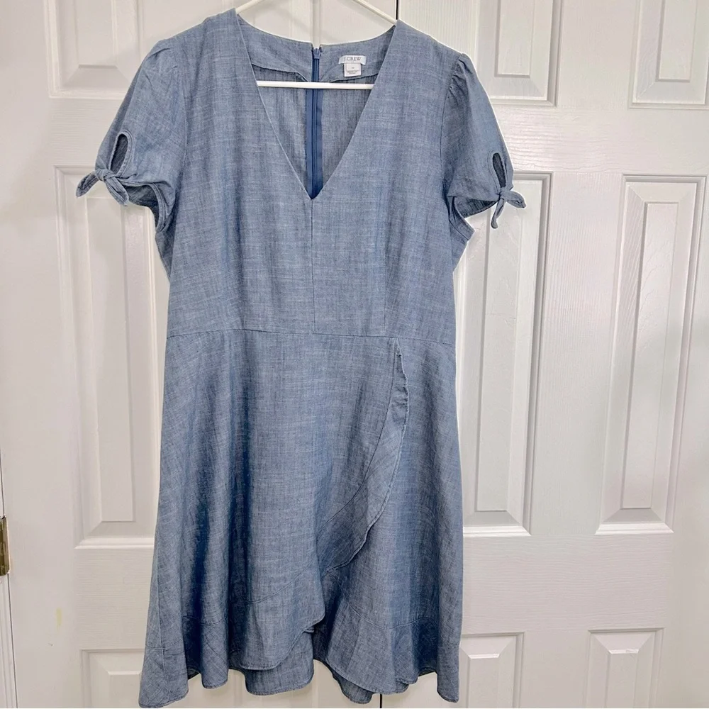 J Crew Chambray V-Neck Faux Wrap Tie Puff Sleeve Ruffle Hem Dress Size 12